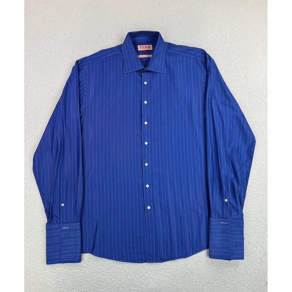 Thomas Pink Dress Shirt Mens 17.5 34/35 Blue Pinstripe Slim Fit French Cuff LS